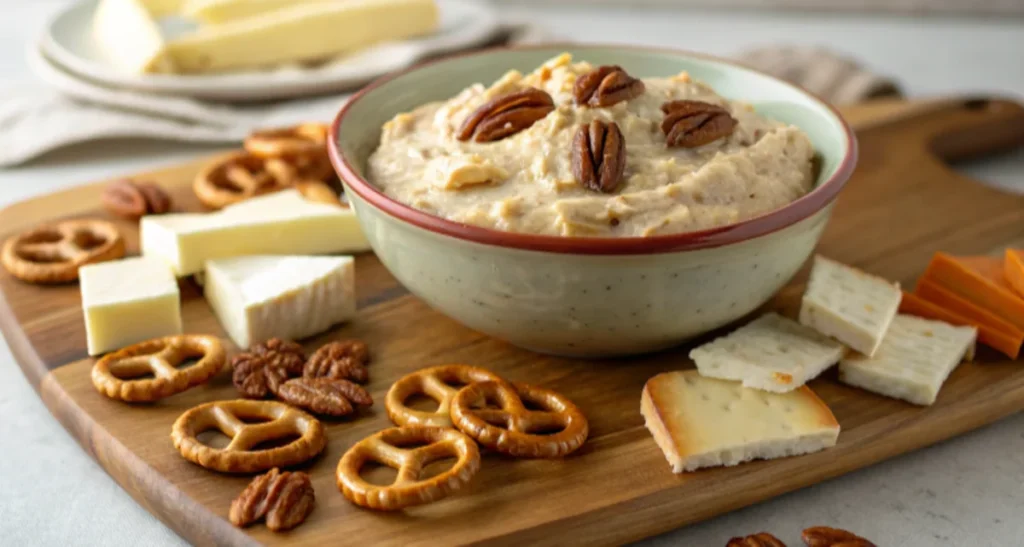 Pecan dip with pretzels and Brie cheese slices.