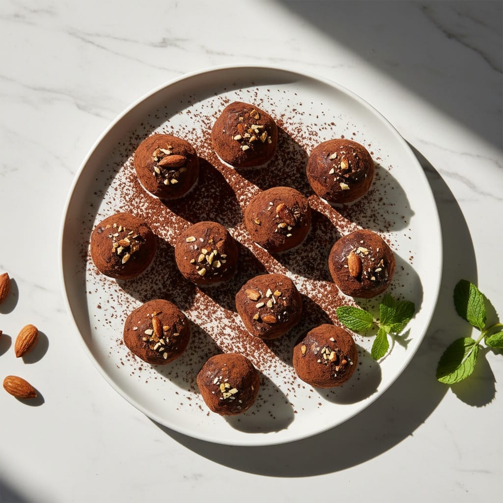 Dark chocolate almond truffles on a white platter