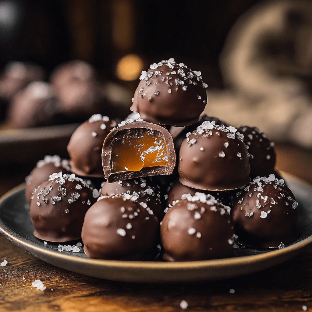 Delicious salted caramel chocolate truffles with sea salt flakes